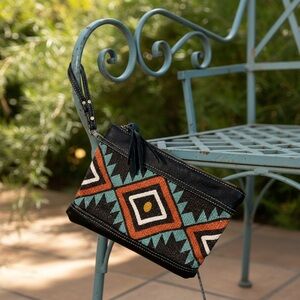 Myra Bag Tribal Rug Canvas Leather Turquoise Red Wristlet Pouch Clutch Gift